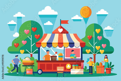 A lively charity market with colorful stalls, food vendors, and joyful participants enjoying activities and supporting good causes in a park