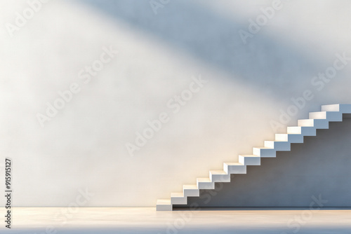Minimalist White Staircase with Shadows on a White Wall