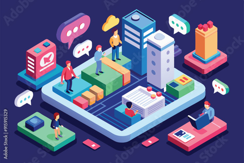 People interact and chat in a vibrant urban environment filled with colorful buildings and social media elements, highlighting customization and connectivity