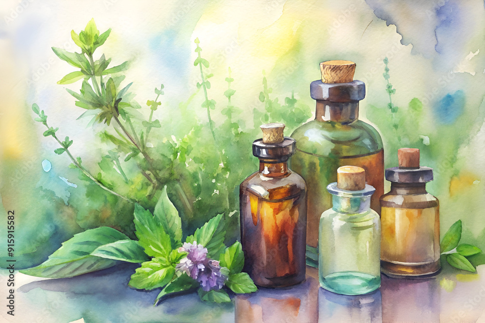 A painting of four bottles of essential oils and herbs. The bottles are arranged in a row, with the first bottle on the left and the last one on the right A painting of four bottles of essential oils and herbs. The bottles are arranged in a row, with the first bottle on the left and the last one on the right