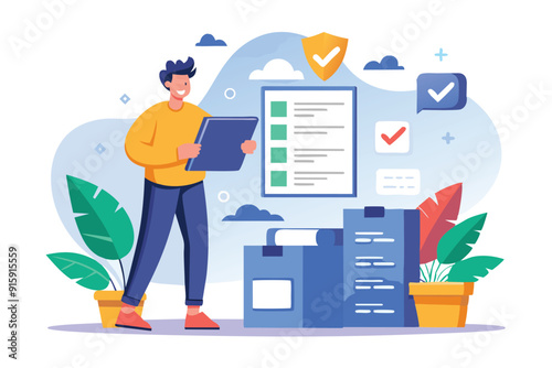 A cheerful man uses a tablet to review customizable checkboxes while surrounded by organized documents and green plants in a bright workspace