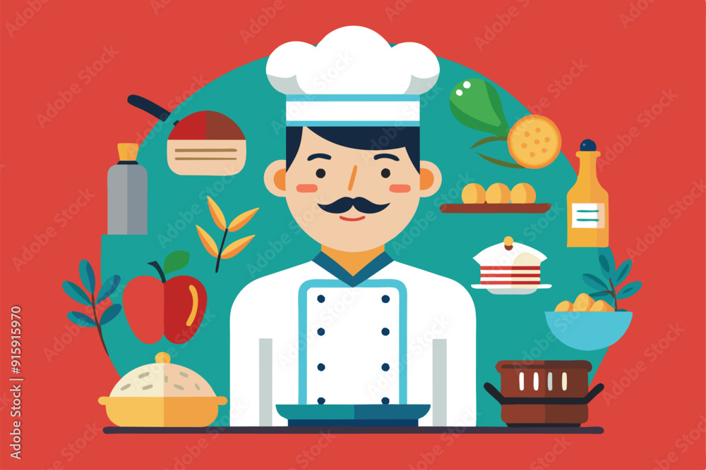 A cheerful chef stands ready for cooking, surrounded by fresh produce, kitchen tools, and various ingredients, showcasing culinary creativity A cheerful chef stands ready for cooking, surrounded by fresh produce, kitchen tools, and various ingredients, showcasing culinary creativity