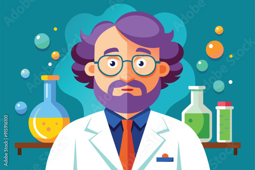 A chemist with purple hair and glasses stands in a laboratory filled with colorful flasks and beakers, engaged in scientific exploration and discovery