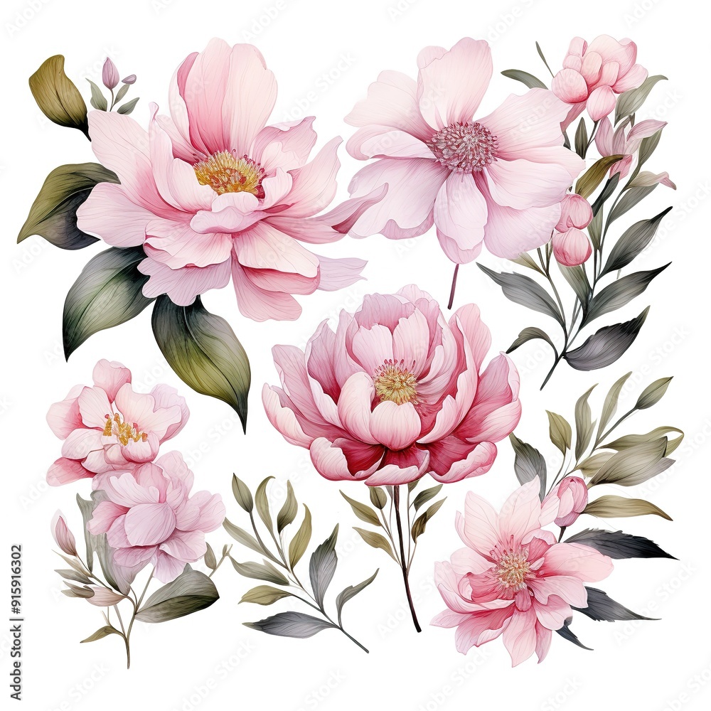 Delicate pink flowers and leaves on white background. Delicate pink flowers and leaves on white background.