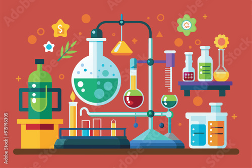 A vibrant chemistry lab showcases various beakers and equipment, illustrating a dynamic setting for conducting experiments and research