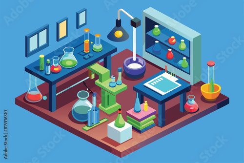 A vibrant chemistry lab filled with various glassware, colorful liquids, and scientific equipment positioned on tables and shelves for experimentation