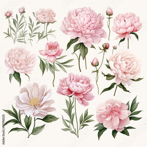 Wallpaper Mural Delicate pink peonies and buds on white background. Torontodigital.ca