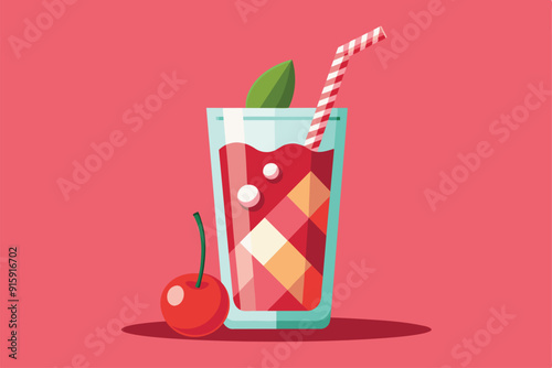 A vibrant cherry drink features a clear glass, colorful ice cubes, a striped straw, and a cherry on the side, perfect for summer enjoyment