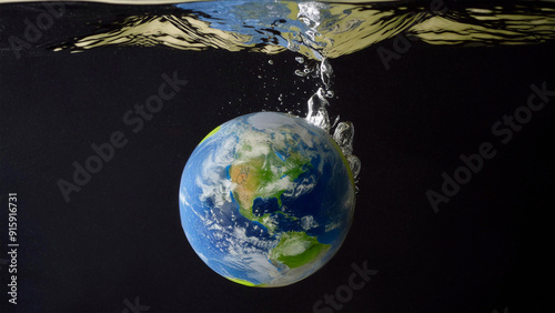 Globo terrestre com splash na agua, aquecimento global, o planeta conceitual para ciência e tecnologia, planeta submerso. photo