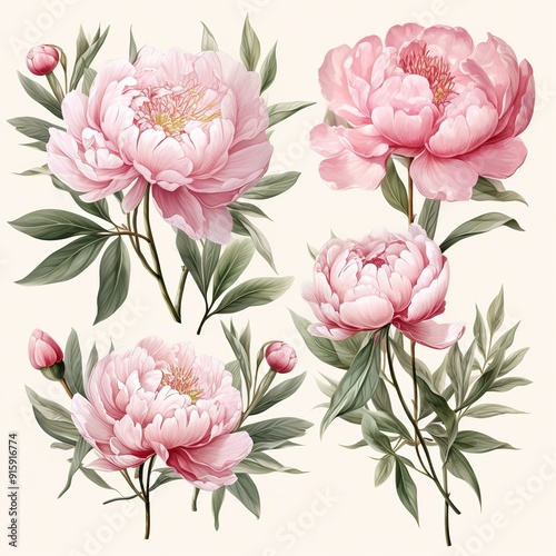 Delicate pink peonies with green leaves.