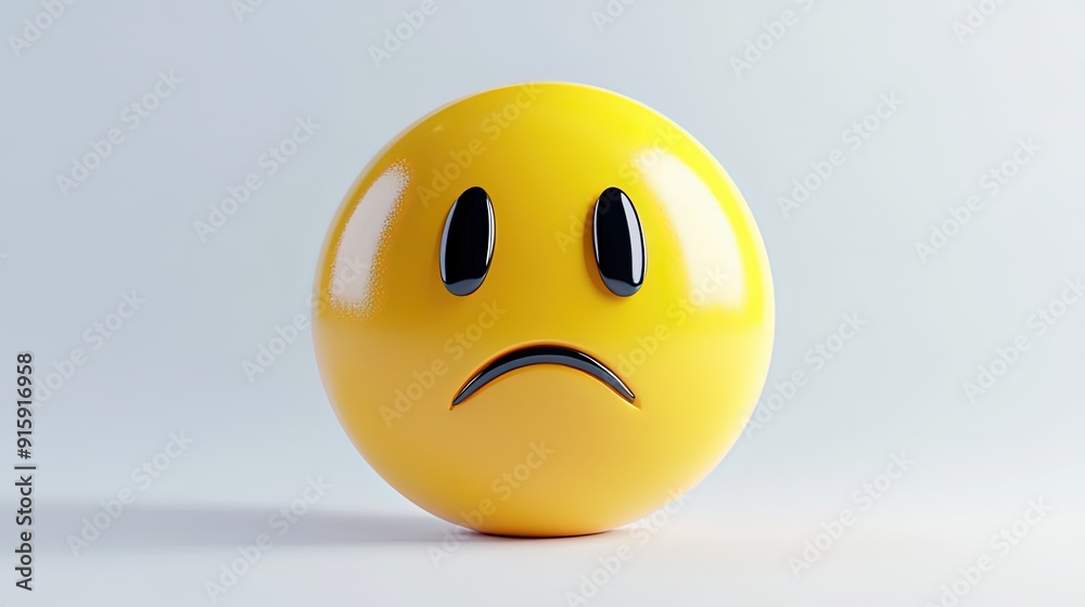 Fototapeta premium A vibrant 3D-rendered yellow emoticon with a sad expression, featuring large glossy black eyes and a frowning mouth.
