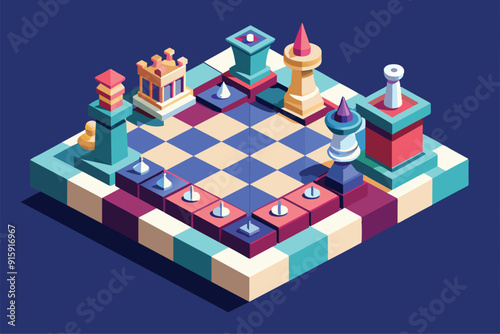 Explore a customizable isometric chess illustration, showcasing colorful pieces and a checkered board layout, perfect for chess enthusiasts and designers
