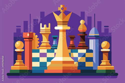 A vibrant chess board features an array of colorful pieces, inviting players to engage in a strategic game of intellect and skill