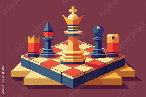 A vibrant illustration displays a customizable chess board with classic chess pieces arranged thoughtfully on a textured surface