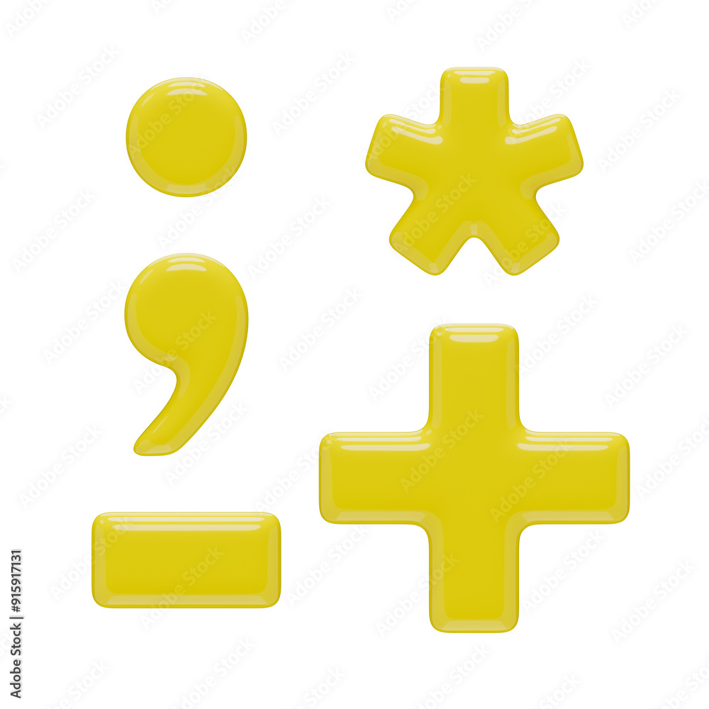 Obraz premium Punctuation marks: dot, comma, plus, minus or dash, asterisk. Isolated on a transparent background. 3D render of marks in yellow plastic with a glossy texture.