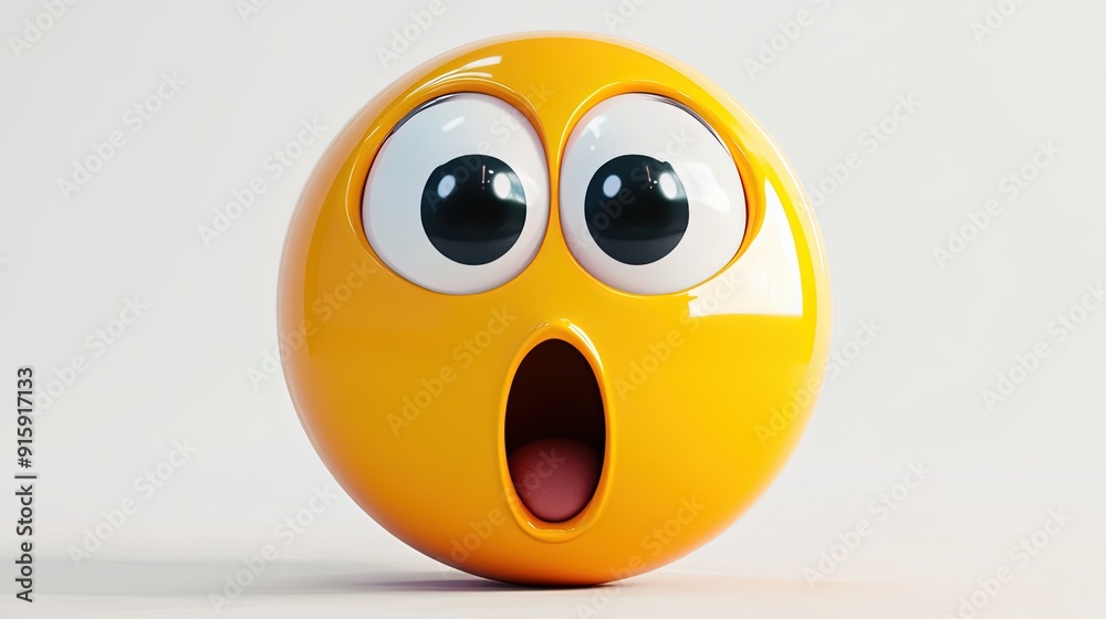 Fototapeta premium A vibrant 3D rendering of a cheerful emoticon with a glossy yellow face, big eyes, and a surprised expression.