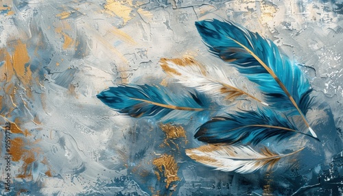 Blue and gold feathers against a textured gray background with intricate brushstrokes