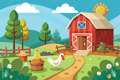 A colorful chicken farm features a red barn, trees, and a white chicken walking along a path in a picturesque landscape under a sunny sky