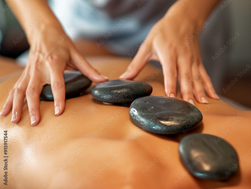 A woman is massaging a man's back with a series of stones. The stones are black and the woman is wearing a blue shirt