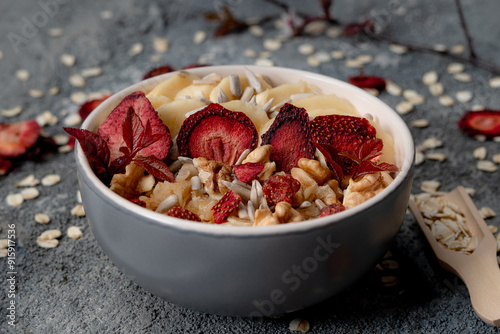 Healthy granola with strawberries banana and wallnut in it.Oatmeal.Healthy lifestyle.Diet