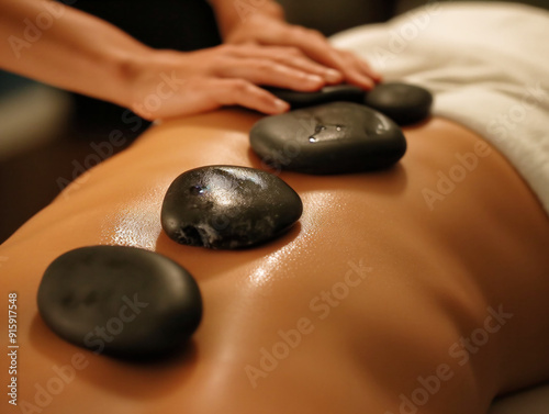 A woman is massaging a man's back with a series of black stones. The stones are placed on the man's back in a row, and the woman is using her hands to apply pressure to the stones