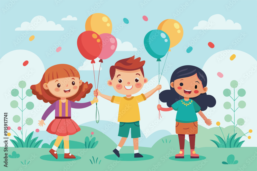 Three cheerful children play in a grassy park, holding vibrant balloons and enjoying a bright day filled with fun and laughter Three cheerful children play in a grassy park, holding vibrant balloons and enjoying a bright day filled with fun and laughter