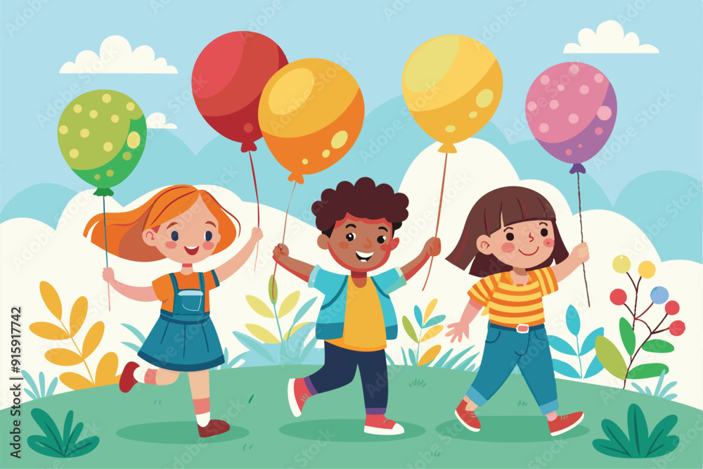 Three cheerful children are running in a grassy area, happily holding vibrant balloons as they enjoy a sunny day outdoors Three cheerful children are running in a grassy area, happily holding vibrant balloons as they enjoy a sunny day outdoors