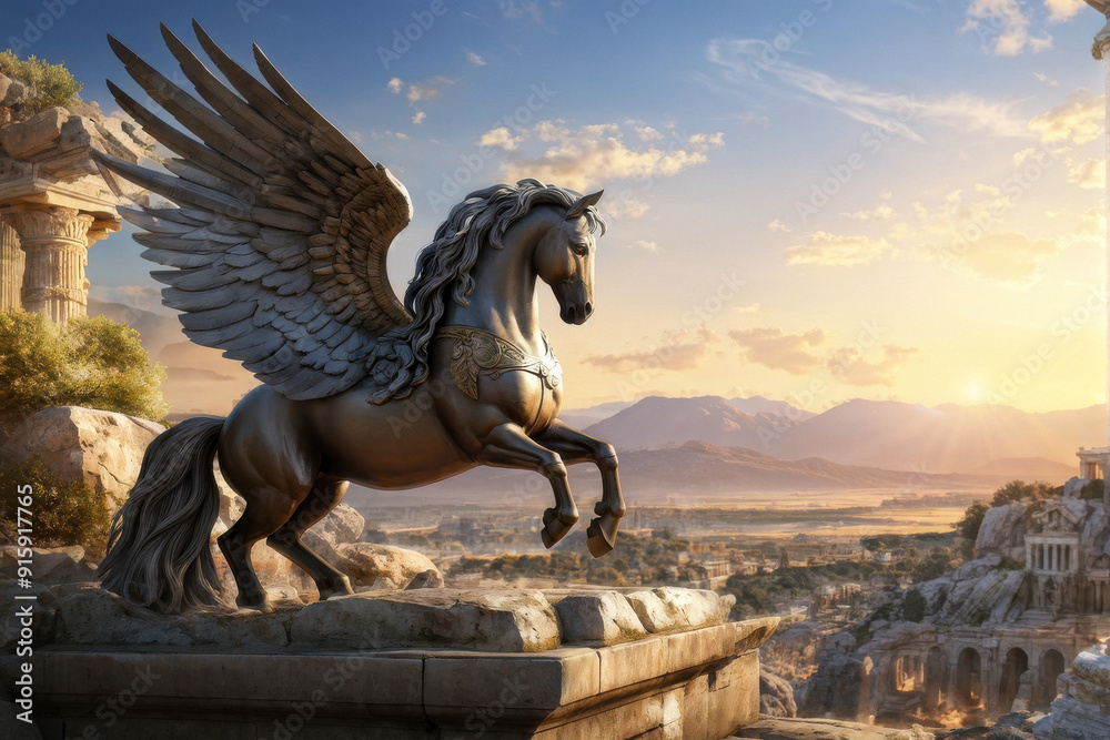 Fototapeta premium Mythical Majesty: legend with this breathtaking image of a majestic Pegasus resting amidst the ruins of ancient Greece. The golden hour light casts a magical glow. generative AI