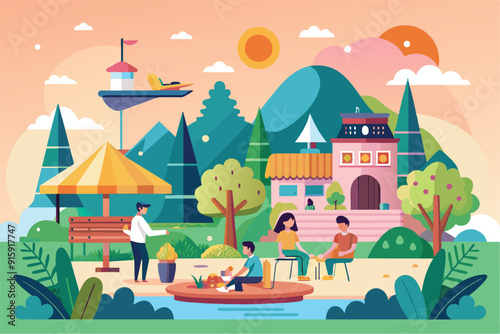 Friends enjoy ice cream while relaxing by the lake amid vibrant trees and mountains on a bright sunny day filled with cheerful activities