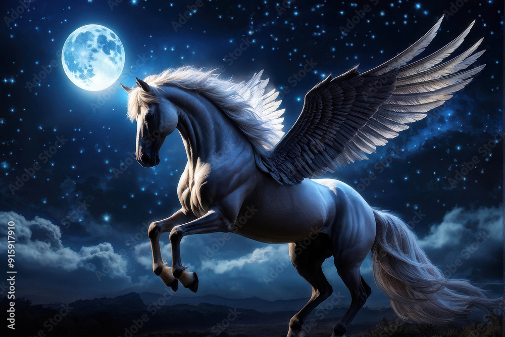 Pegasus in a Starry Night Sky: Pegasus flying high against a dark, star-filled sky with a large, glowing full moon in the background. generative AI Pegasus in a Starry Night Sky: Pegasus flying high against a dark, star-filled sky with a large, glowing full moon in the background. generative AI