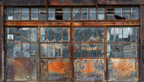 Weathered metal garage door with broken glass panels in a dilapidated building during daylight