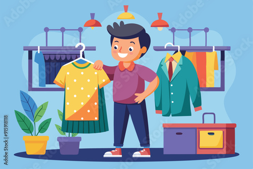 A cheerful boy chooses between colorful outfits in a clothing store filled with various garments and playful decorations