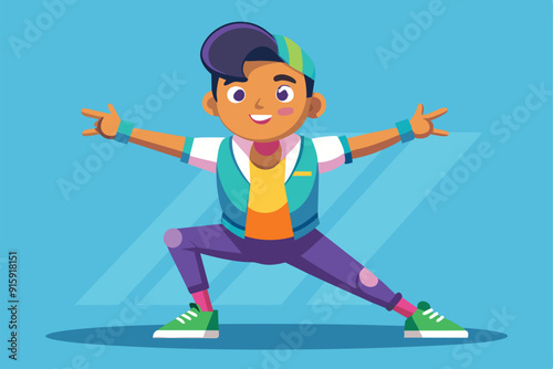 A young choreographer showcases an excited dance pose, wearing vibrant clothing and a cap, surrounded by a cheerful background