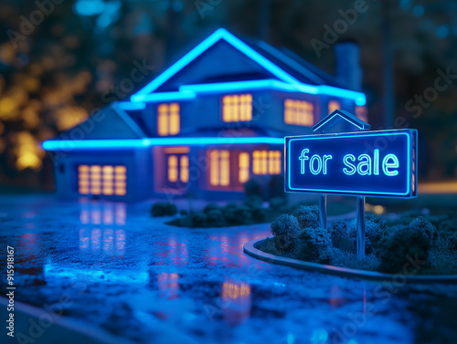 A cozy illuminated house with a glowing for sale sign at dusk