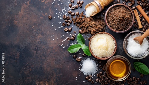Arrangement of various natural sweeteners and coffee beans on a rustic wooden table in a well-lit kitchen setting