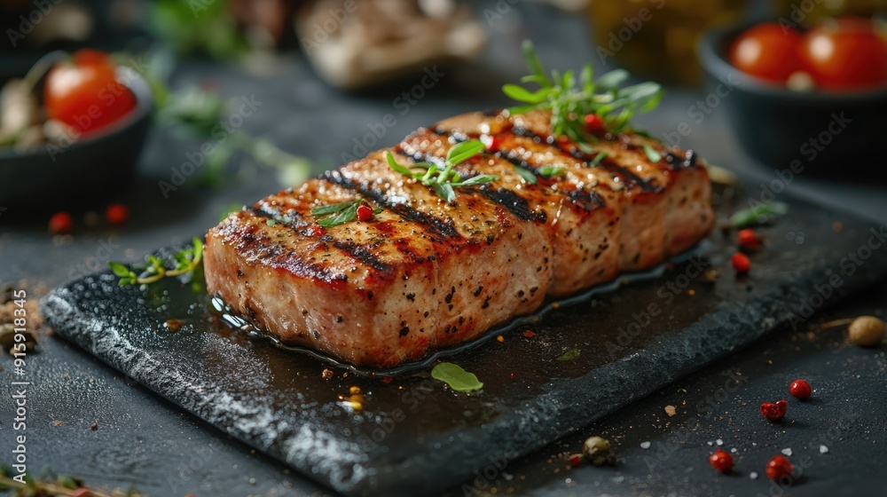 Grilled Pork Steak on a Black Slate Plate Grilled Pork Steak on a Black Slate Plate