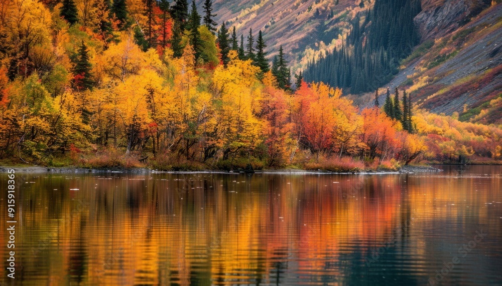 Autumn foliage reflecting on a tranquil lake surrounded by mountains at sunset in a picturesque landscape Autumn foliage reflecting on a tranquil lake surrounded by mountains at sunset in a picturesque landscape