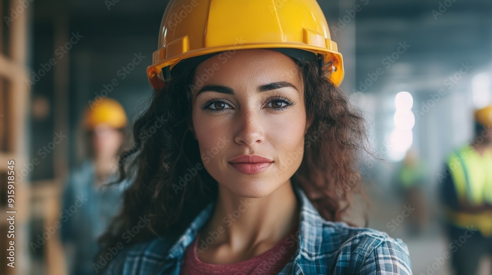 Beautiful young girl in work helmet concept for labor day in usa