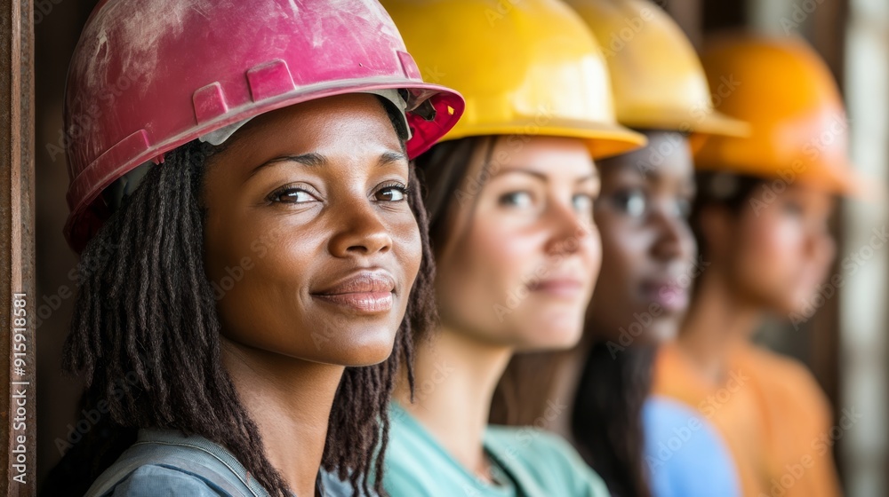 Fototapeta premium Beautiful young girl in work helmet concept for labor day in usa