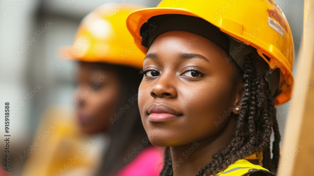 Beautiful young girl in work helmet concept for labor day in usa