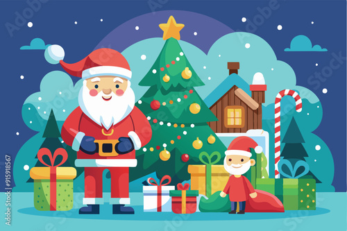 Santa Claus distributes gifts at a charity event surrounded by a decorated Christmas tree, cheerful children, and colorful presents in a snowy landscape