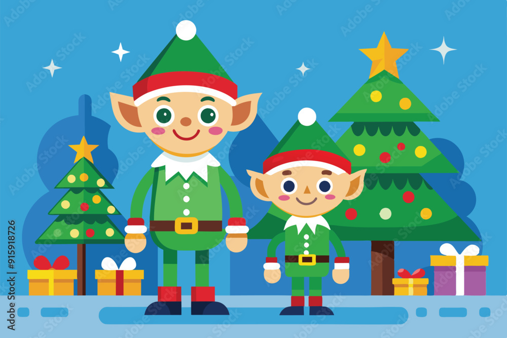 Two cheerful elves stand together, surrounded by decorated Christmas trees and colorful gifts, preparing for a joyful holiday celebration