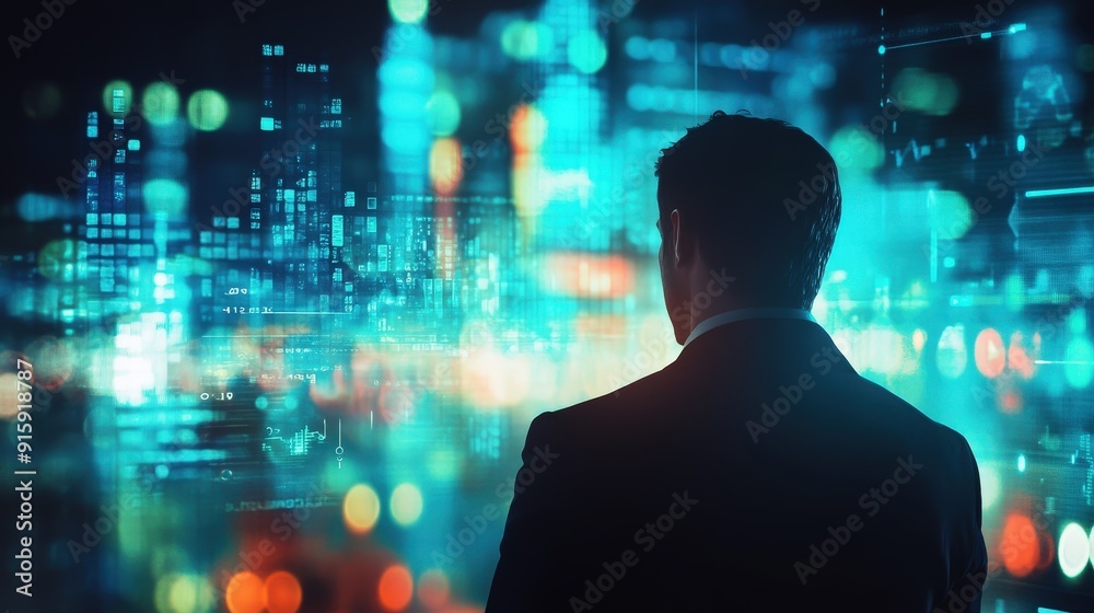 A businessman in a meeting with a blurred abstract background of digital economic charts. A businessman in a meeting with a blurred abstract background of digital economic charts.