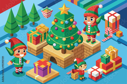 Christmas elves joyfully arrange gifts and decorate a tree in a vibrant, isometric winter village filled with holiday cheer