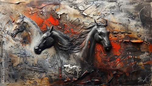 Three majestic horses emerge from an abstract landscape with earthy tones and textures photo