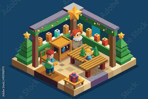 Characters decorate a Christmas manger with trees and gifts, creating a vibrant atmosphere filled with holiday spirit and festive cheer