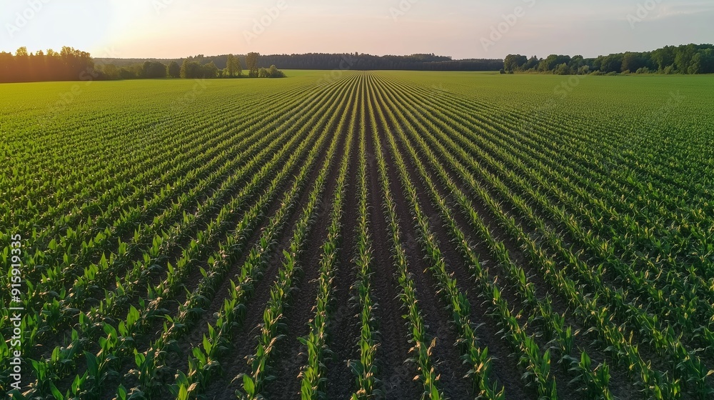 Vast green cornfield stretching under a golden sunset in rural farmland Vast green cornfield stretching under a golden sunset in rural farmland