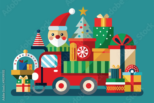 A festive truck loaded with Christmas gifts, toys, and decorations, ready for a joyful holiday toy drive to spread cheer in the community