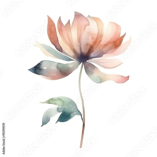 Delicate watercolor painting of a single flower with soft petals and leaves.