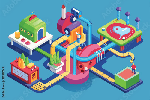 A colorful isometric illustration showcases a customizable circulatory system with engaging components, providing a unique visual representation of anatomical structures